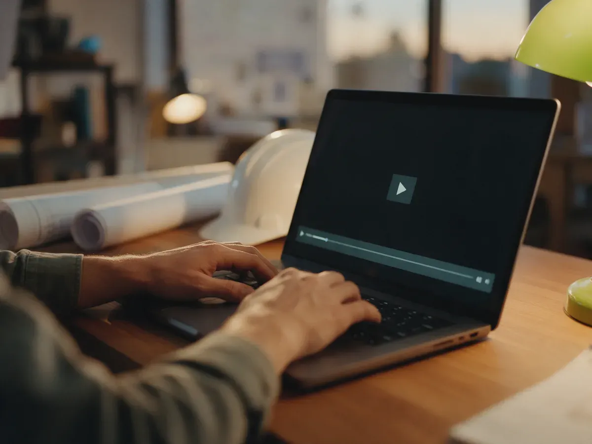 Manos sobre una laptop reproduciendo una clase en video, con planos y un casco de obra al fondo