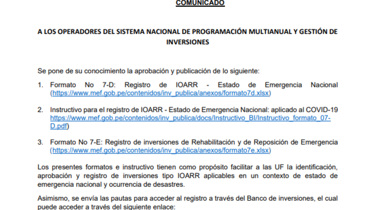 MEF aprobó los formatos 7-D y 7-E de IOARR para afrontar la emergencia por el coronavirus